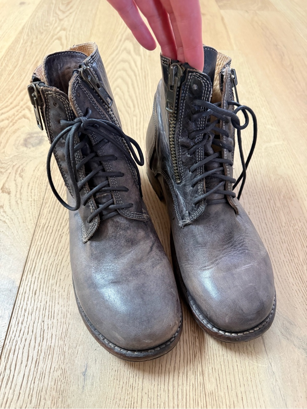 BED|STU Men's Gray Lace-Up Leather Boots with Side Zips